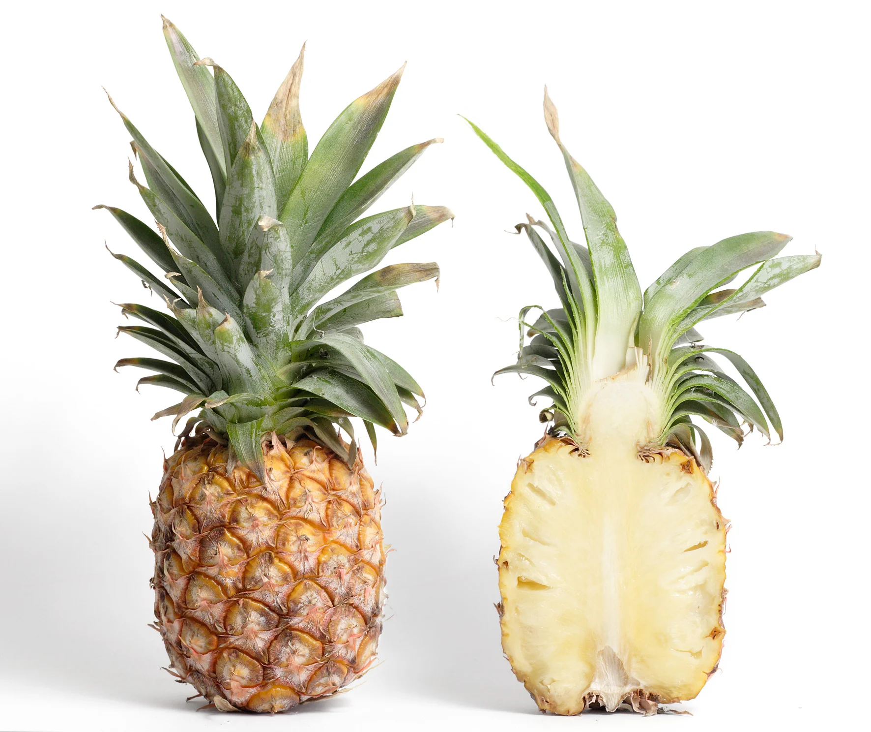 A ripe pineapple cut lengthwise beside a whole one, showing the yellow flesh, central core and the rows of eyes where fruitlet core rot appears when the fruit is opened.