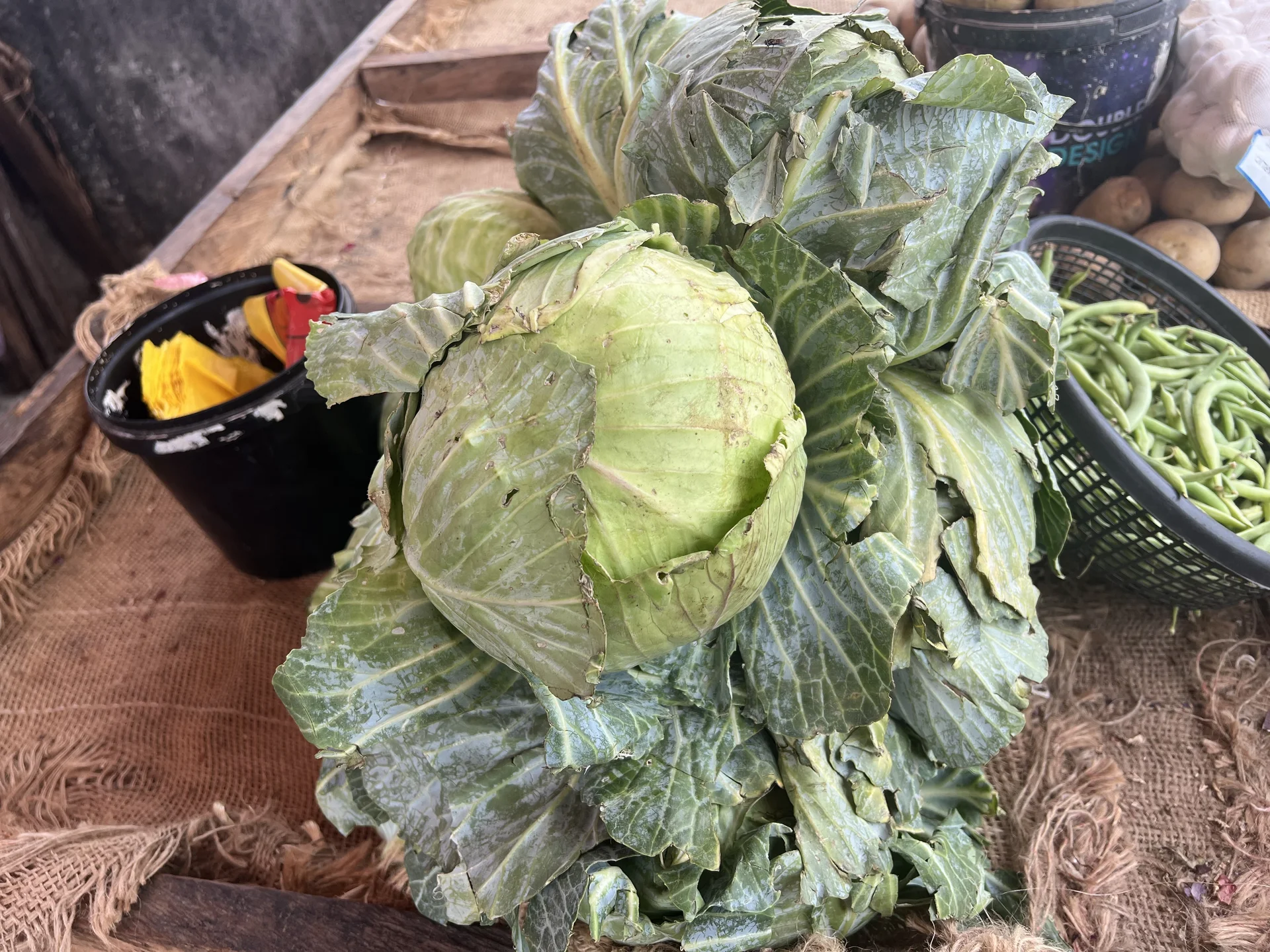 A firm round green head cabbage with its outer wrapper leaves on a market stall, beside potatoes and green beans