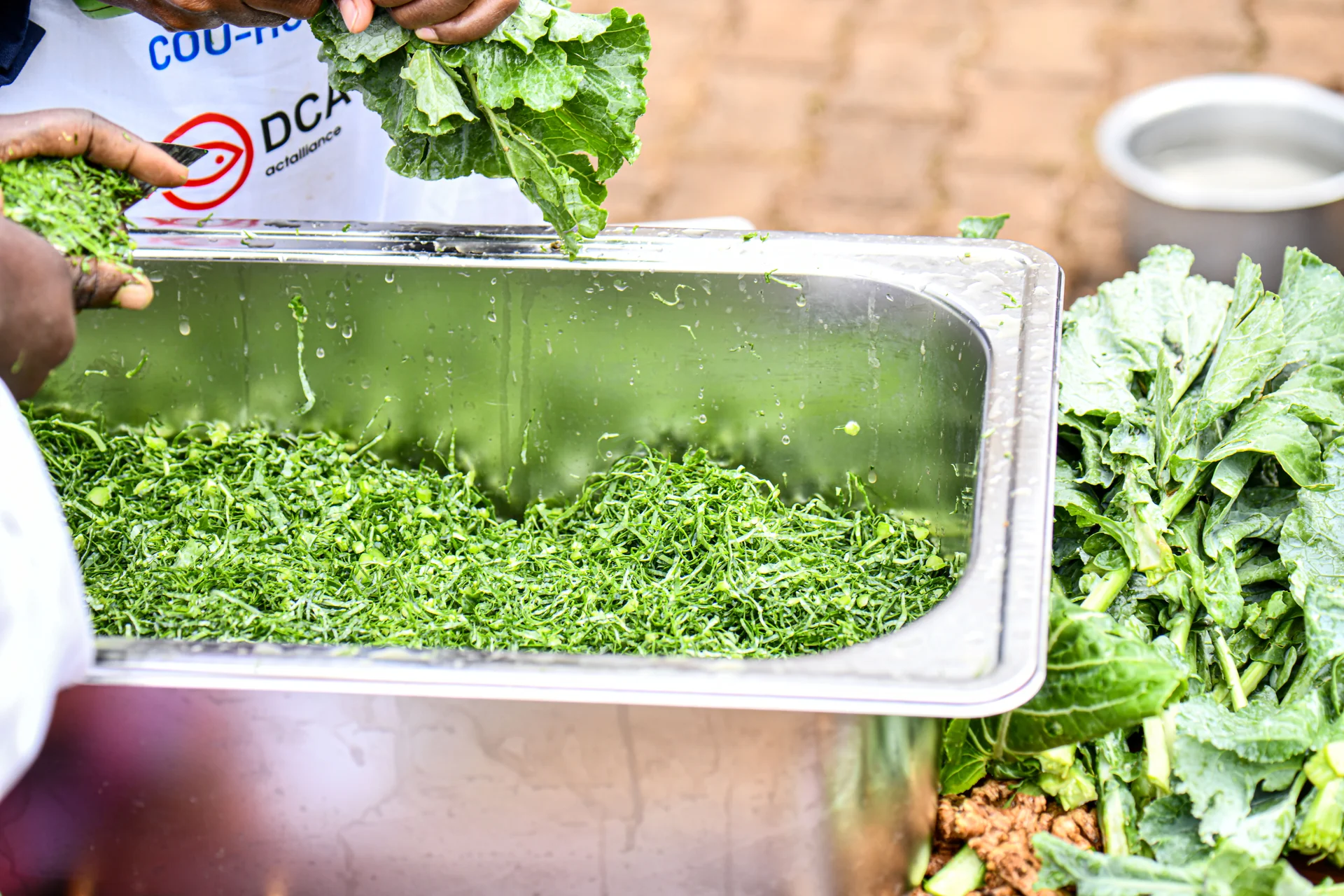 Harvested sukuma wiki (kale / covo) leaves being prepared — whole broad green leaves alongside a tray of the finely shredded greens ready for the pot